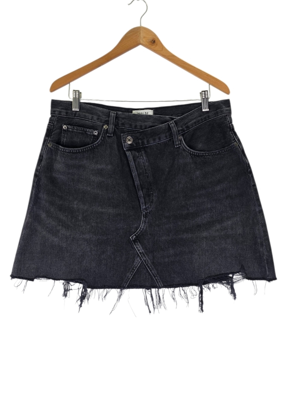 AGOLDE Women's Criss‎ Cross Faded Black Raw Hem Cotton Denim Jean Skirt Size 32